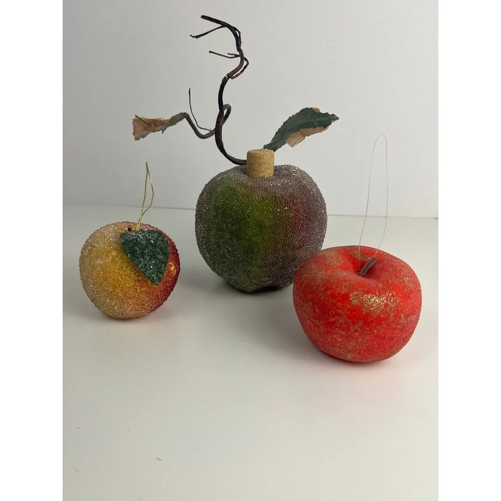 Set of 3 Vintage‎ Sugar Beaded Apples Glittered Red Green Yellow Home Decor